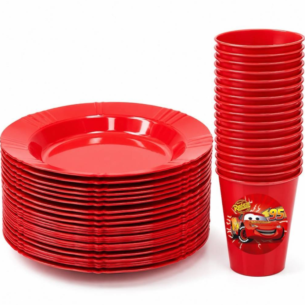 Kit Festa com 20 Pratos + 20 Copos Adesivos - Personagem Relâmpago Mcqueen - Lembrancinhas Infantis para Festas