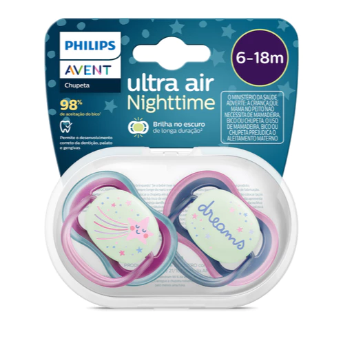 Chupeta Ultra Air Noturna Dupla - 2 unidades - 6-18meses - Azul e Rosa - Philips Avent (SCF376/14)