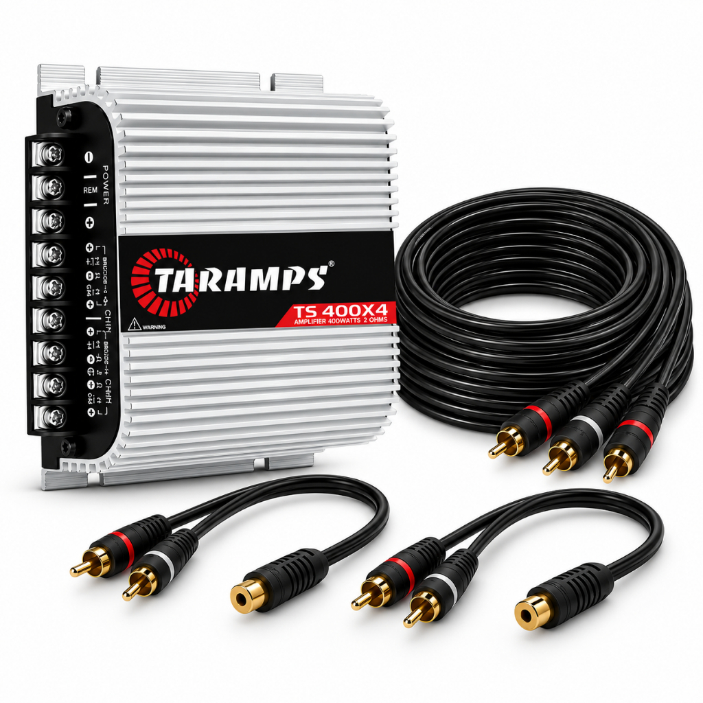 KIT MÓDULO TARAMPS TS400X4 SOM AUTOMOTIVO CABOS PERMAK PRETO