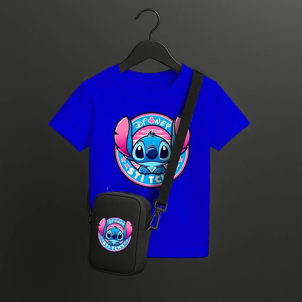 Camiseta Estampada Stitch1 Infantil E Adulto Confortável Com Bolsa Transversal Kit Completo Moda Casual Personagem