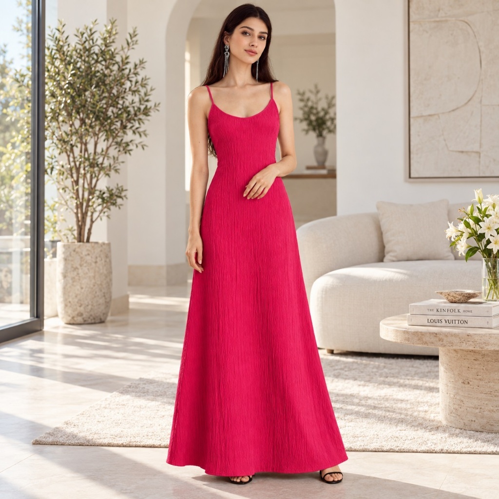 Vestido Longo Feminino com Alças Finas Modelagem Ajustada Liso Elegante Festa Jantar Verão