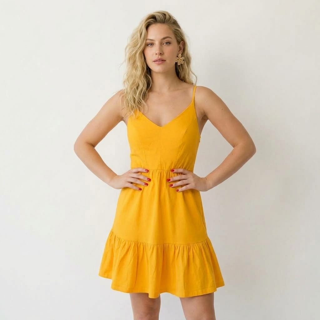 Vestido Feminino Amarelo Curto Alça Fina Com Regulagem Decote V Rodado Com Babado Verão Casual