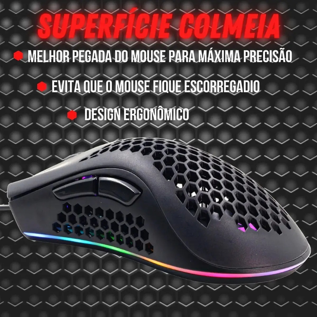 Mouse Gamer Para Jogo Colmeia 7.200 DPI Óptico com LED RGB USB - Knup — imagem 2 de 2