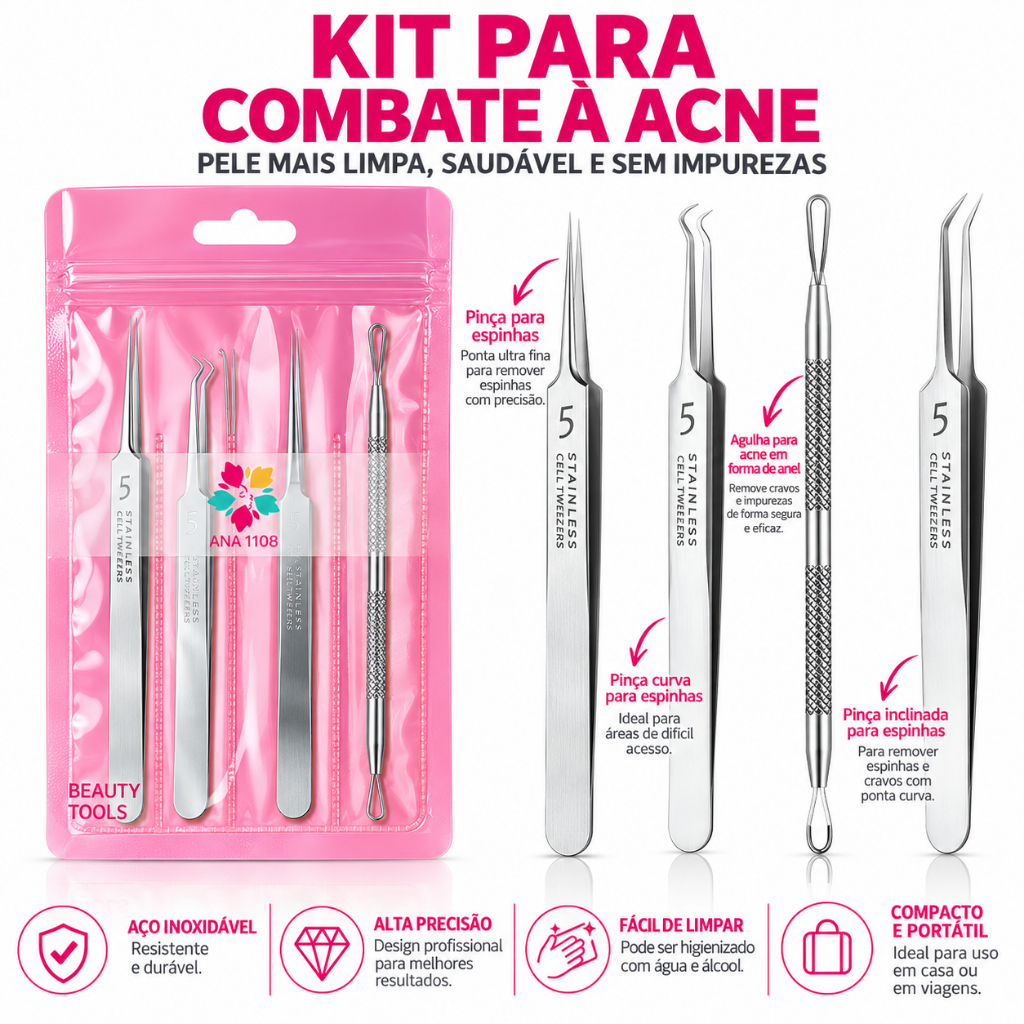 ANA1108 Kit Beleza Pinças para Cravos Espinhas Acne Cuidados com Unhas Aço Inoxidável · foto 2