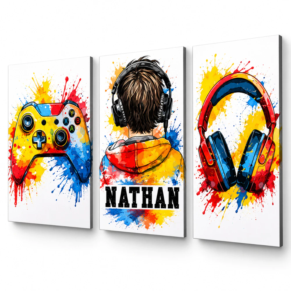 Kit 3 quadros decorativos modernos infantil personalizado com seu nome criança menino gamer controle fone coloridos