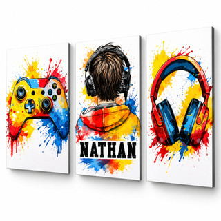 Kit 3 quadros decorativos modernos infantil personalizado com seu nome criança menino gamer controle fone coloridos