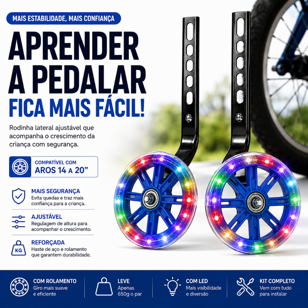 RODINHA BICICLETA REGULAVEL 14 A 20 REFORÇADA COM ROLAMENTO E LUZ LED RGB PISCA