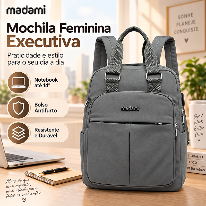 Mochila Feminina Executiva para Notebook 14" Reforçada Antifurto Trabalho Viagem