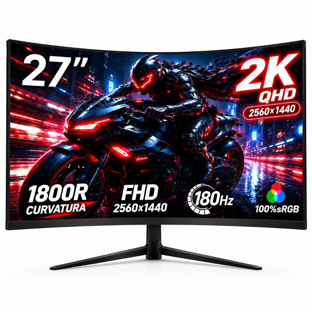 Monitor Curvo Gamer 27" IPS Full HD 2k180Hz 1ms FreeSync, Tela Ultrafina, Conexões HDMI/DP e Fixação VESA para PC