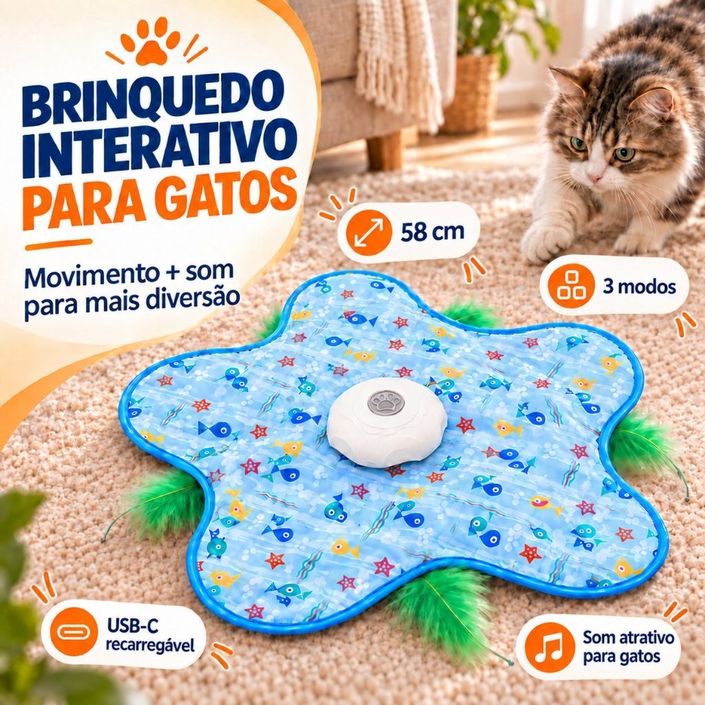 Tapete Interativo para Gatos Elétrico Automático 58cm Penas Móveis 3 Modos Estimula Caça Exercício