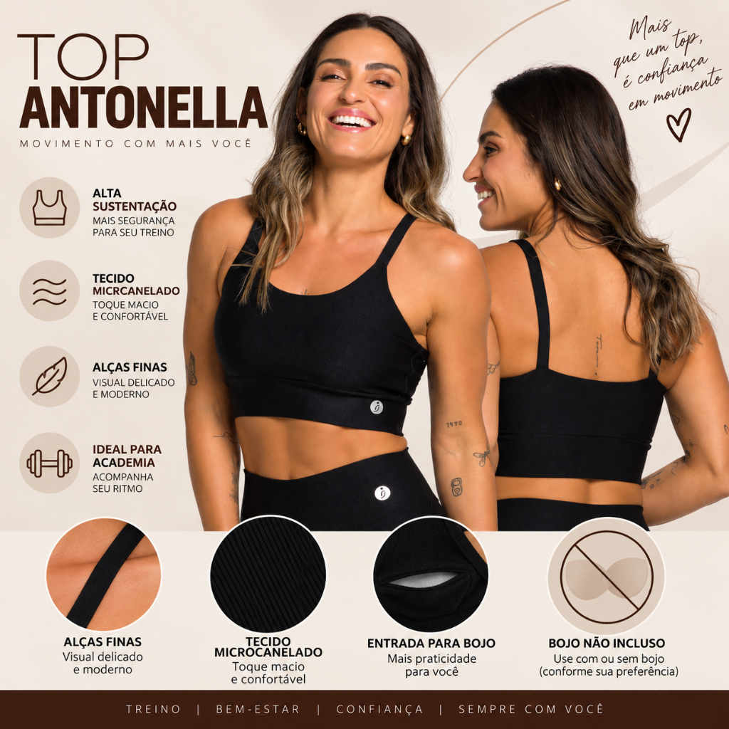 Top Feminino Antonella Canelado Alça Fina com Sustentação Fitness Academia Treino Confortavel Versatil
