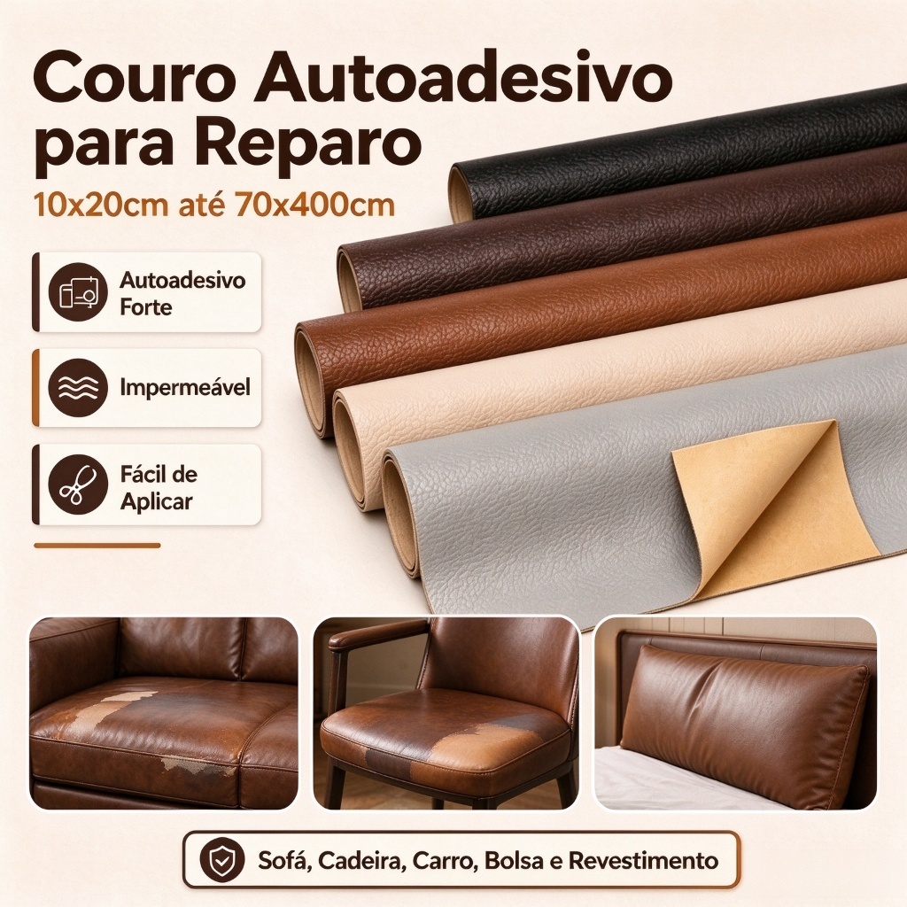 Couro Autoadesivo para Reparo 10x20cm até 70x400cm Sofá Cadeira Carro Bolsa Revestimento Impermeável