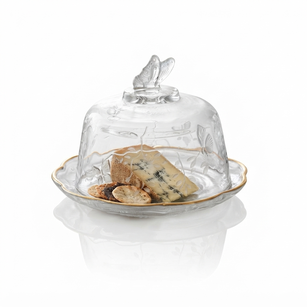 Queijeira de Cristal com Tampa Lyor New Butterfly Fio de Ouro 19cm Mesa Posta Servir Queijo Frios ​Presente Luxo Elegante