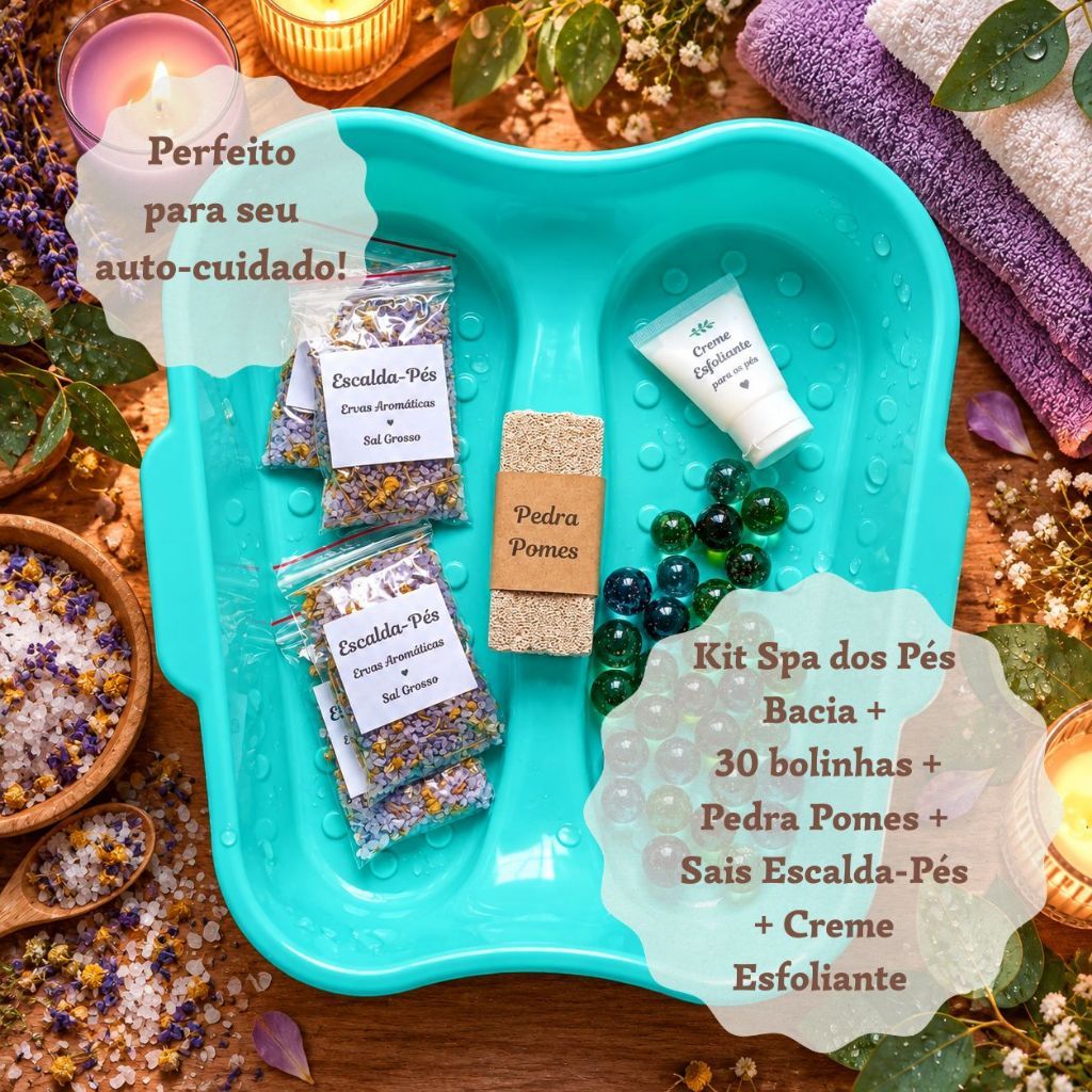 Kit Escalda Pés Spa Completo Bacia + Sais Aromáticos + Esfoliante + Pedra Pomes + 30 Bolinhas Massageadoras - 4/8 Banhos