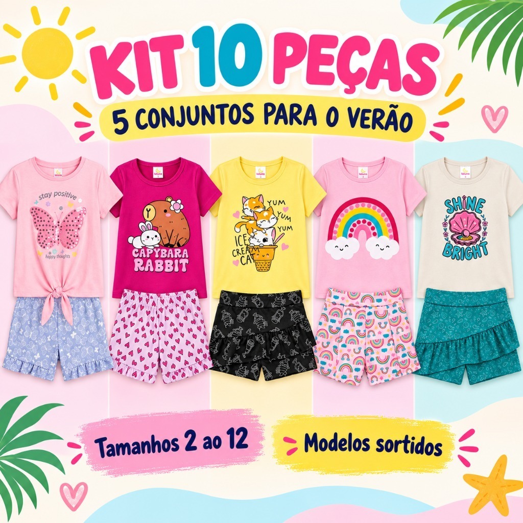 Kit Sortido 10 Peças de Roupas Infantil Menina 5 Camisetas + 5 Bermudas - Kit com 5 Conjuntos de Roupa Infantil Verão