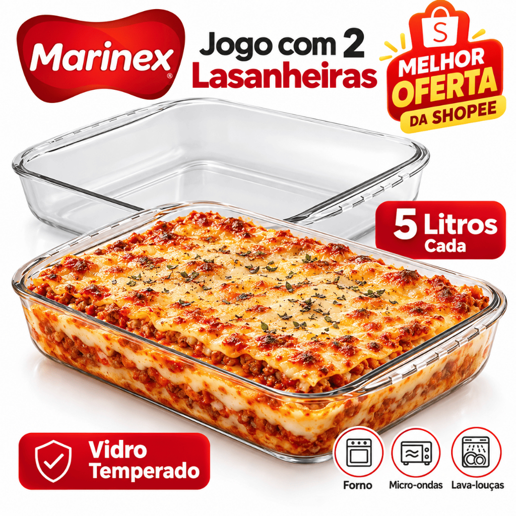 Kit 02 Lasanheira Forma  Retangular Funda Assadeiras Gourmet 5L Grande Vidro Temperado Marinex