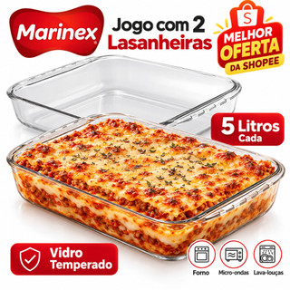 Kit 02 Lasanheira Forma  Retangular Funda Assadeiras Gourmet 5L Grande Vidro Temperado Marinex