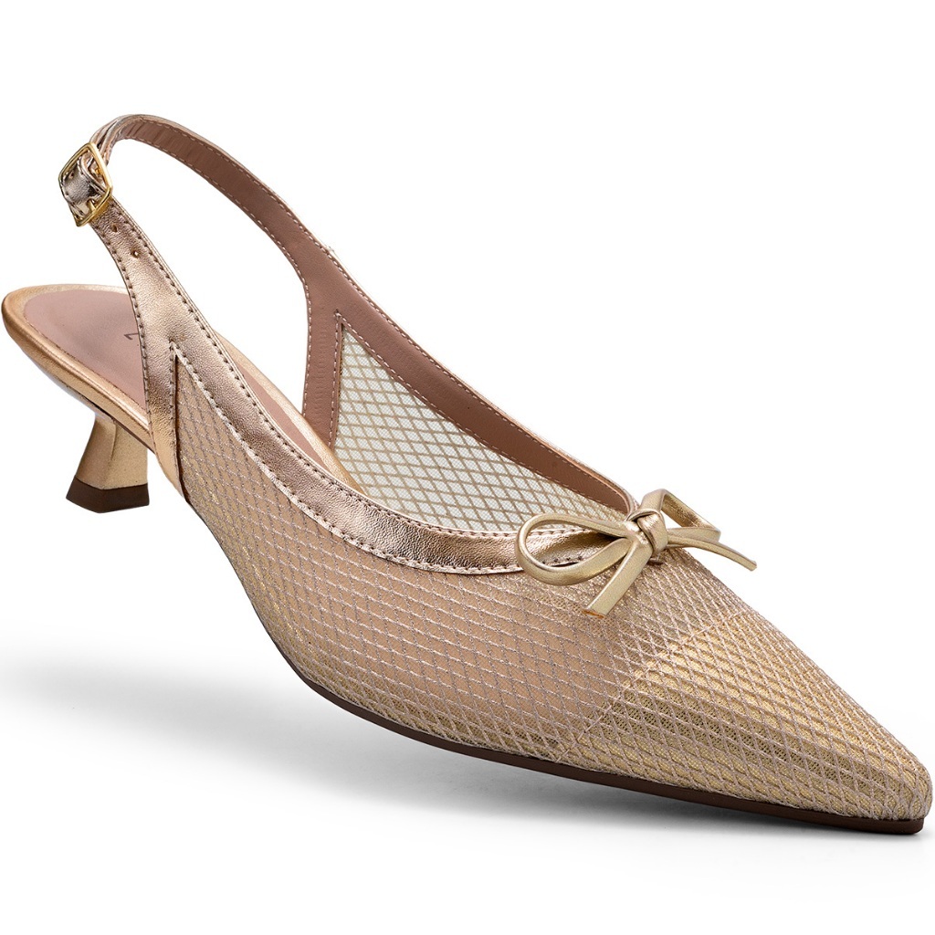 Scarpin Feminino Lumiss Slingback Tela Bico Fino Salto Fino Baixo Laço Moderno Elegante Fivela