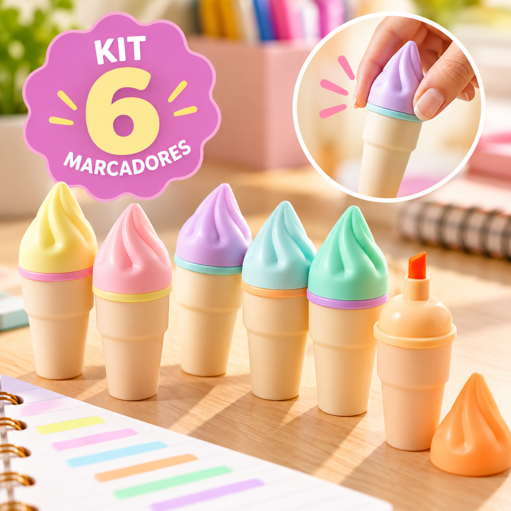 Kit 6 Canetas Mini Marca Texto Fofo Marcador Colorido Formato Picolé Sorvete