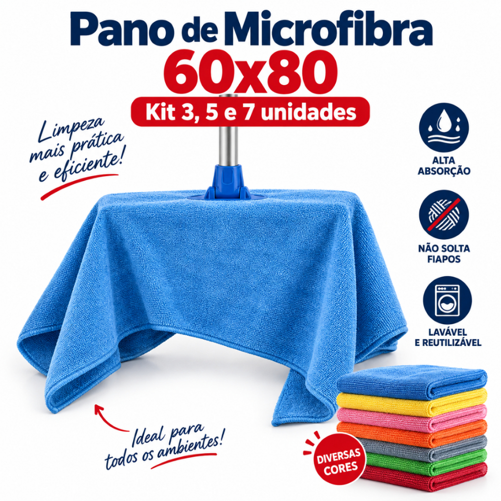 Panos de Chão de Microfibra Gigante 60x80 Kit c/ 3, 5 e 7 Unidades Multiuso Alta Absorção Limpeza Geral Sem Risco