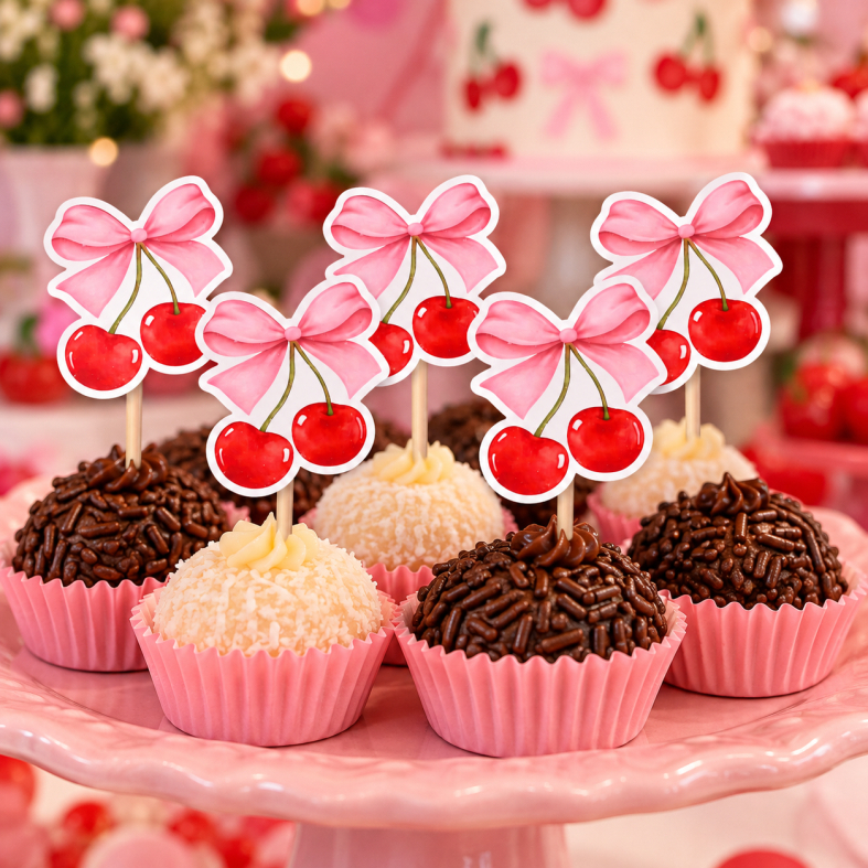 50 Apliques Toppers para Doces + 50 Palitos Cereja Cerejinha – Decoração Festa