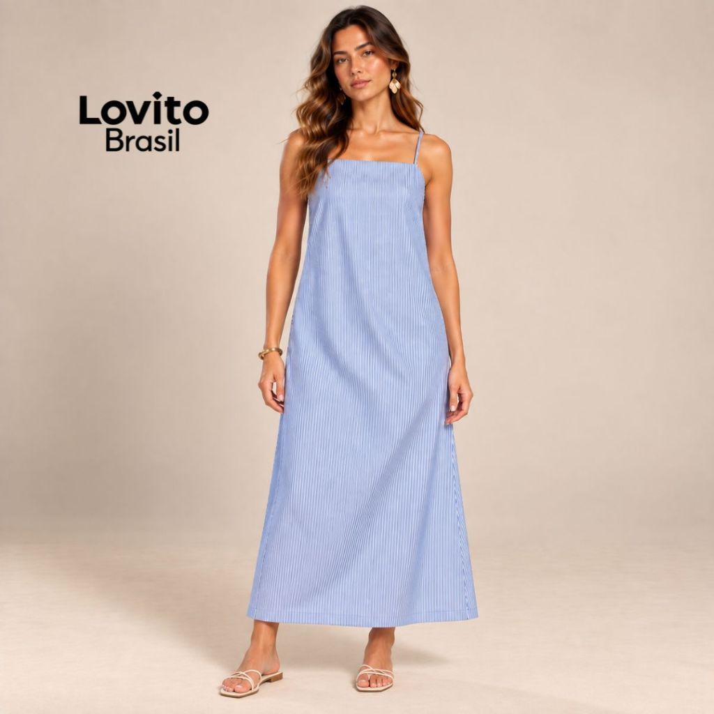 Lovito Vestido Feminino Midi Listrado com Decote Reto e Alças Ajustáveis DRB955BRL985