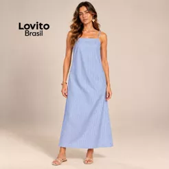 Lovito Vestido Feminino Midi Listrado com Decote Reto e Alças Ajustáveis DRB955BRL985