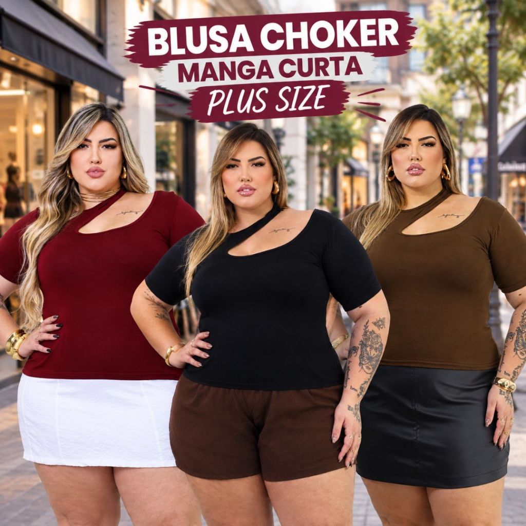 Blusa Feminina Plus Size Chocker Gola Assimétrica Moda Casual Manga Curta Elegante veste do 44 ao 54