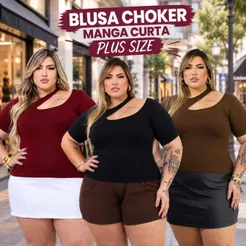 Blusa Feminina Plus Size Chocker Gola Assimétrica Moda Casual Manga Curta Elegante veste do 44 ao 54