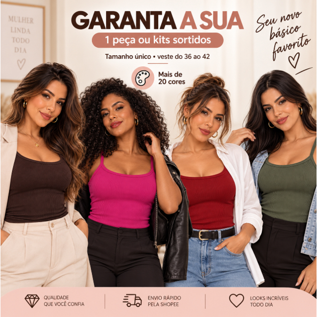 Blusinha Feminina Canelada com Bojo Regata de Alcinha Básica 36 ao 42 Kit Cores Sortidas