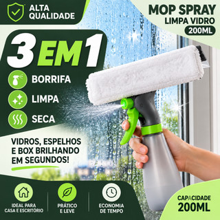 Rodo Mop Spray Limpa Vidros 3 em 1 200ml com Reservatório para Janelas Espelhos e Box