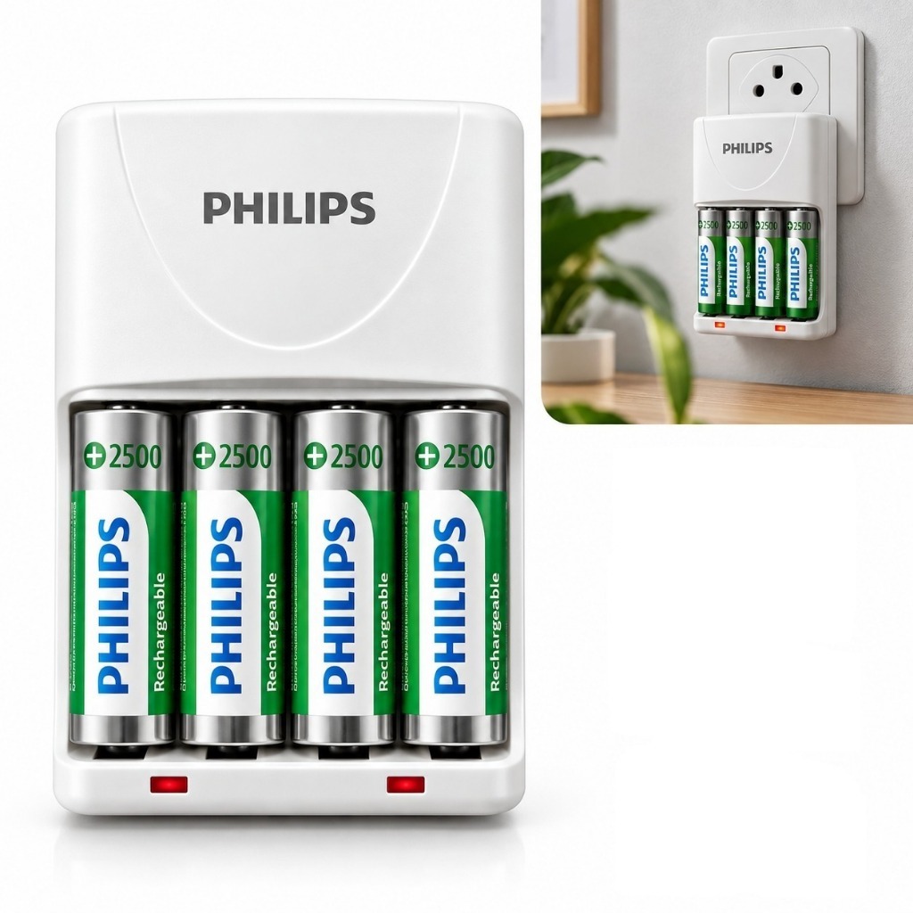 Philips Carregador De Pilha Recarregável + 4 Pilhas AA - Carregamento Simultâneo e Alta Capacidade