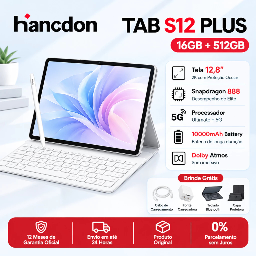 【Garantia 2 Anos】Hancdon S12 Plus Tablet | 16GB RAM 512GB | 12.8" HD Screen | Android 15 | 5G | WIFI