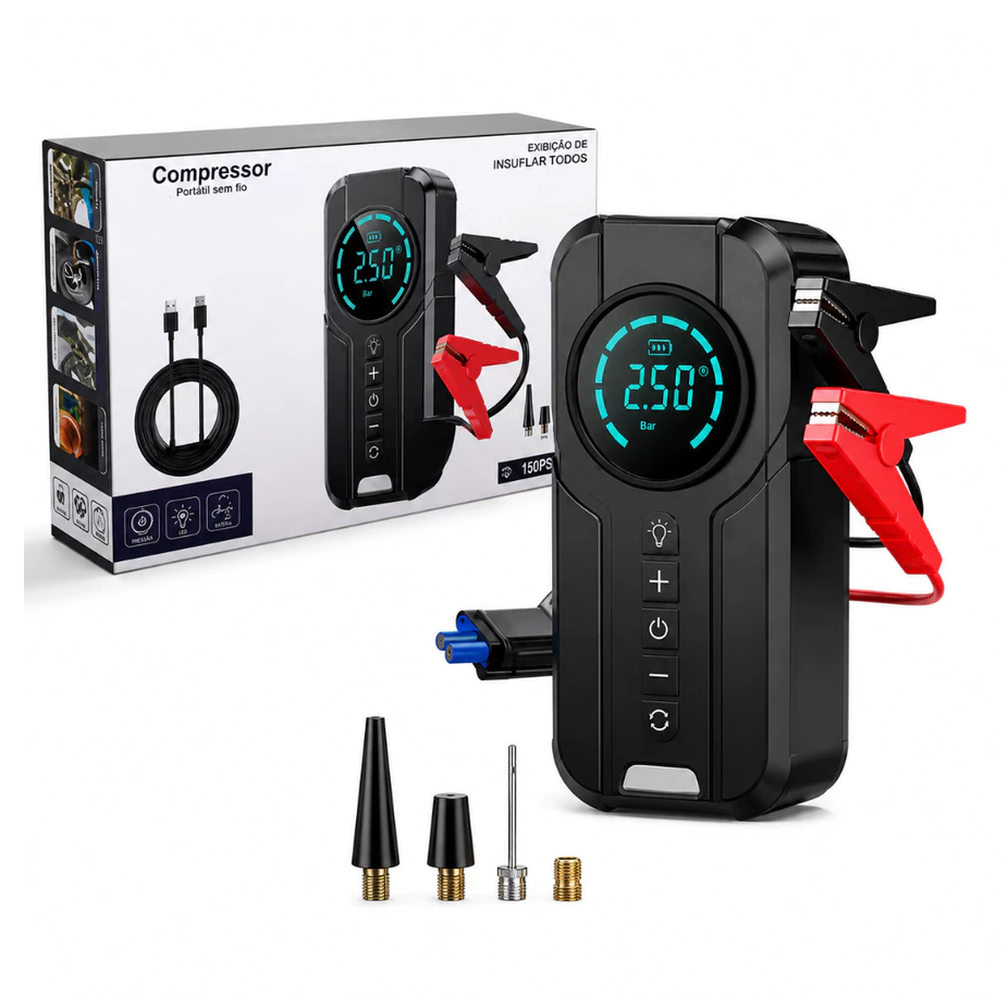 Compressor de Ar Portátil Digital Recarregável Inflador Pneu Carro Moto Bike USB LED