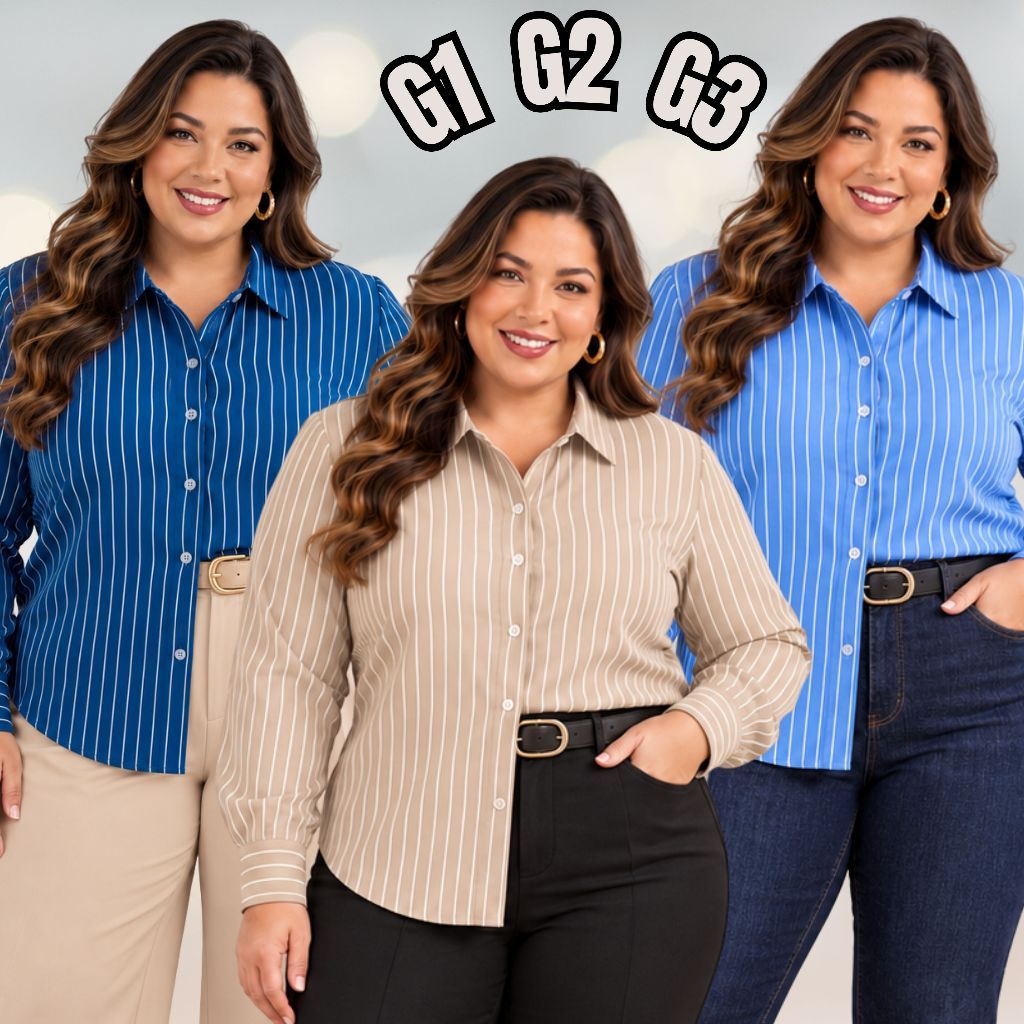 Camisa Listrada Feminina Plus Size Tecido Viscolinho G1 G2 G3 Manga Longa Elegante