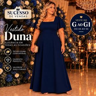 Vestido Longo Plus Size Feminino Elegante Manga Solta Decote Quadrado Tecido Duna Moda Ev…
