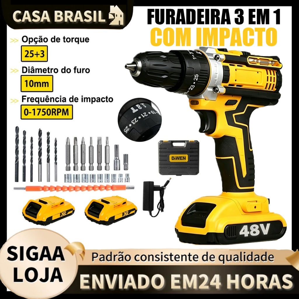 Parafusadeira 48V/18V Recarregável Profissional C/ 1 ou 2 Baterias, Maleta e Acessórios Completos