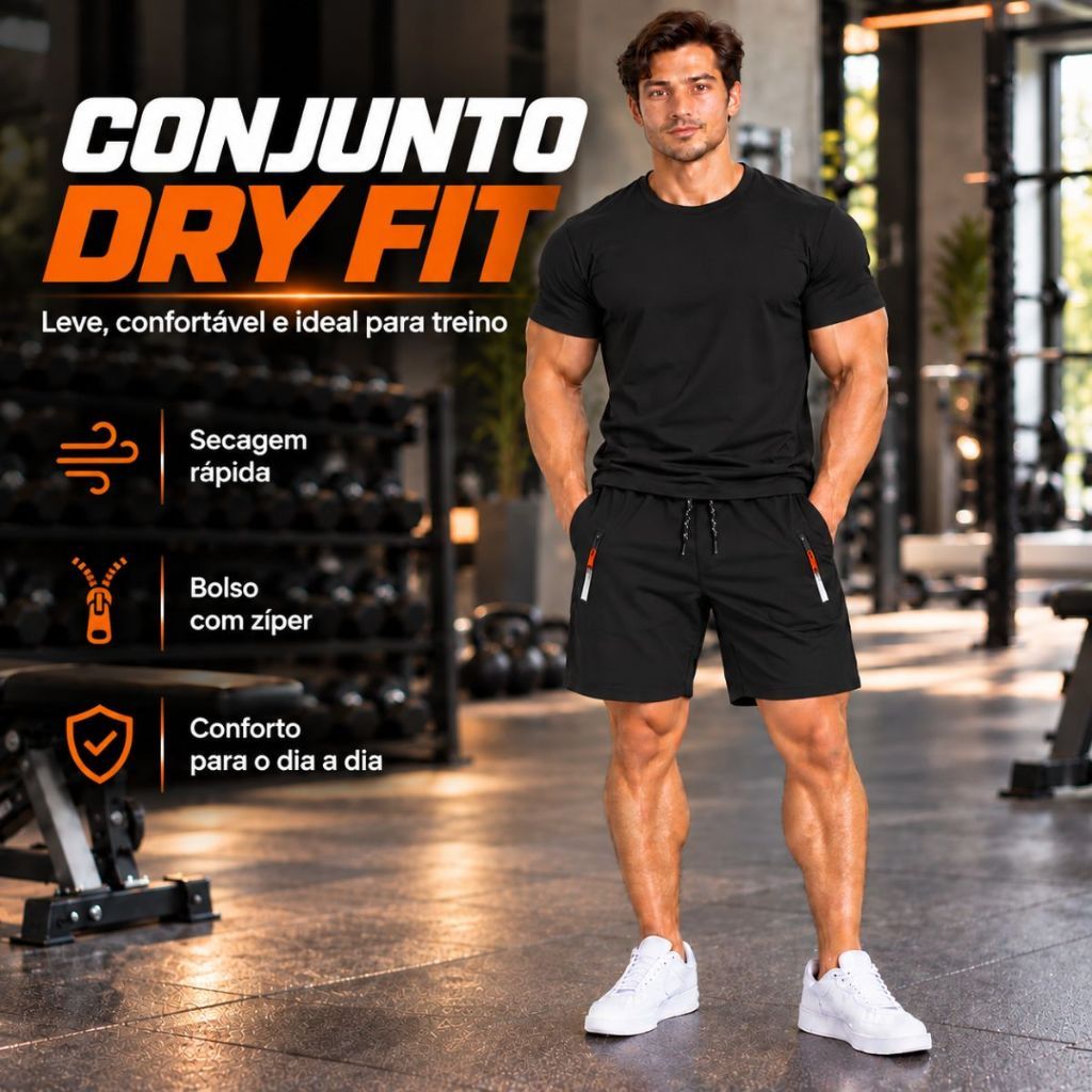Conjunto Masculino Camiseta + Bermuda Dry Fit Academia Poliamida Elastano