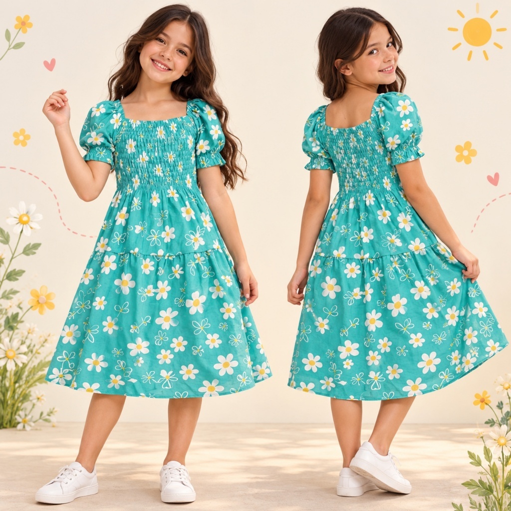 Vestido Infantil Estampado Floral Manga Curta Moda Menina Caimento Soltinho
