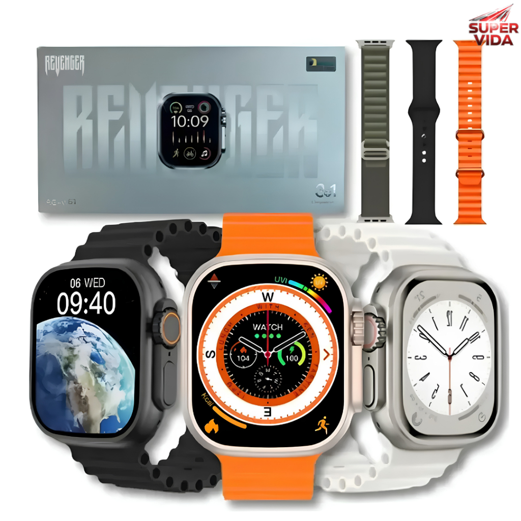 Smartwatch Revenger Tela 2.01" Full Touch ANATEL Monitor Saúde Chamada Bluetooth 3 Pulseiras