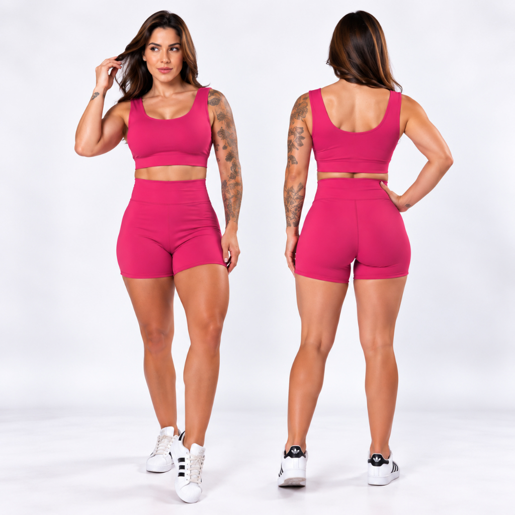 Conjunto Academia Feminina Short e Top Cintura Alta Fitness Não Fica Transparente