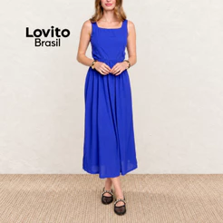 Lovito Vestido Feminino Midi Rodado com Alças Largas Moda Feminina DRB1362BRL1392