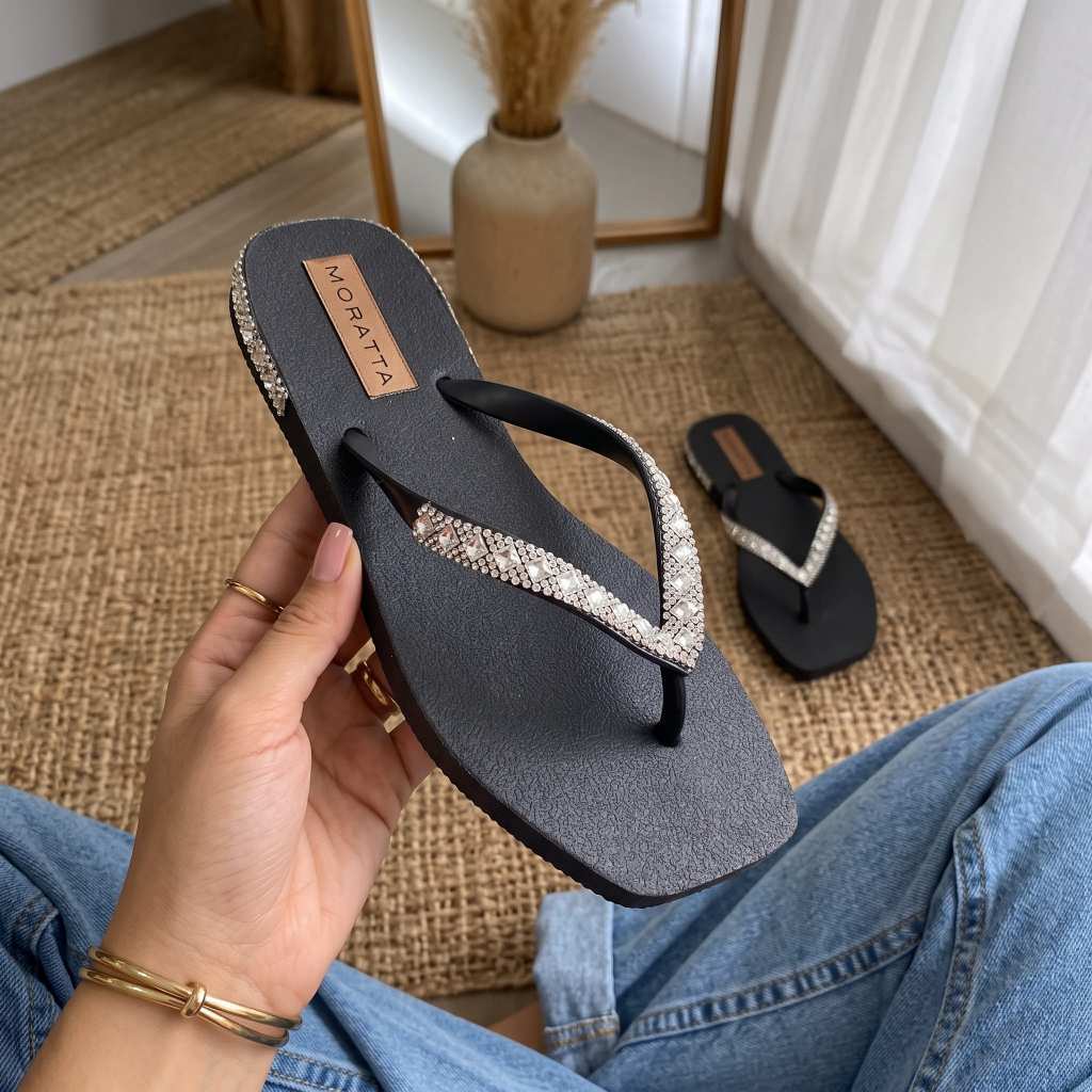Chinelo Feminino Elegante Com Tiras Strass Elegante Luxo Brilhante Confortável Antiderrapante