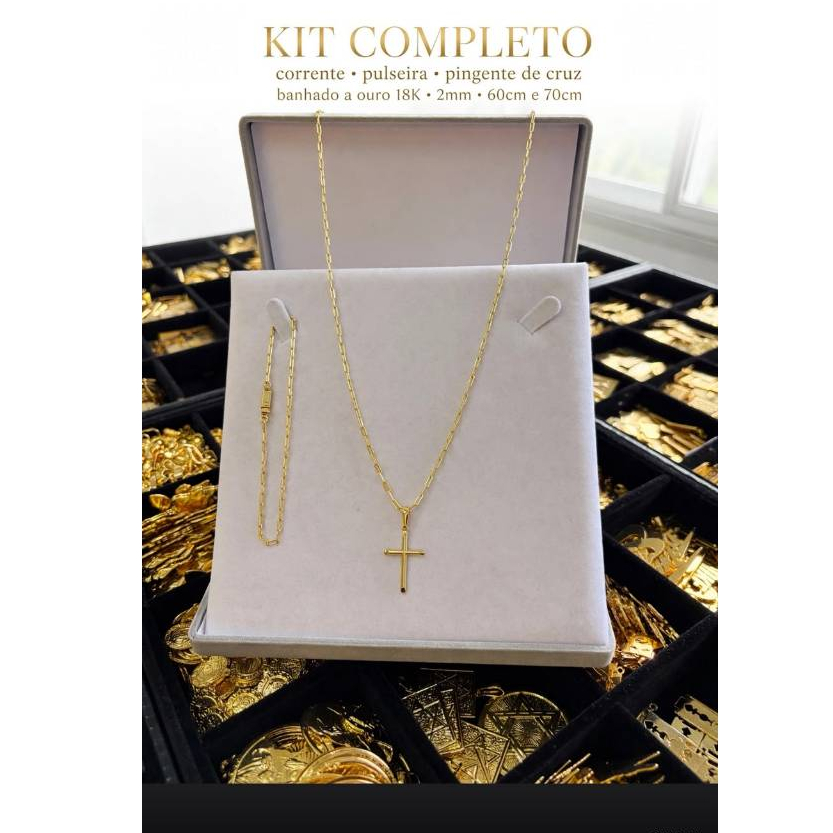 Kit Corrente Pulseira Banhada a Ouro 18k Masculina Com Pingente Cruz 2MM Presente Brinde Moda