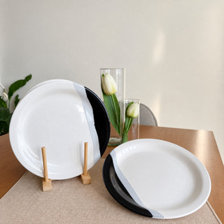 Jogo de prato raso 6 peças ceramica segunda linha 25cm preto e branco