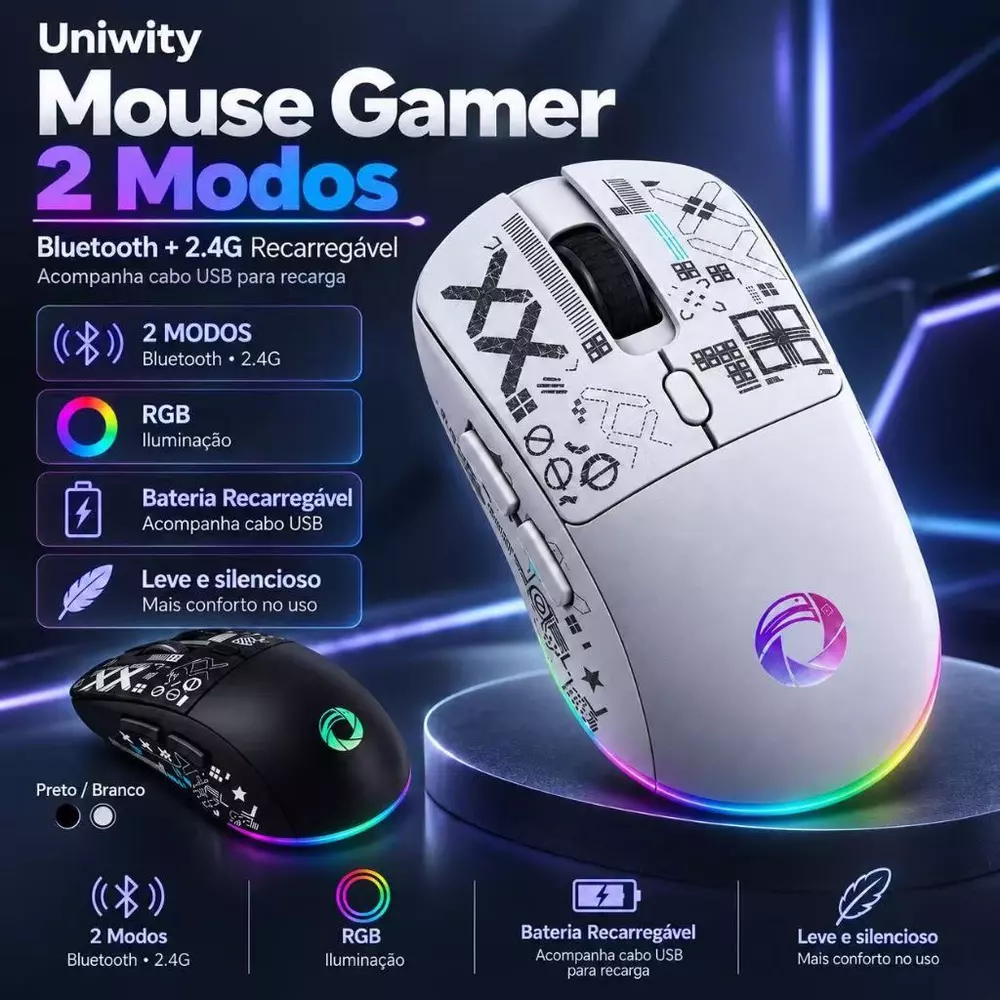Uniwity Mouse Gamer Sem Fio Bluetooth 2.4G RGB Recarregável 1600 DPI Estampado Silencioso para PC Notebook