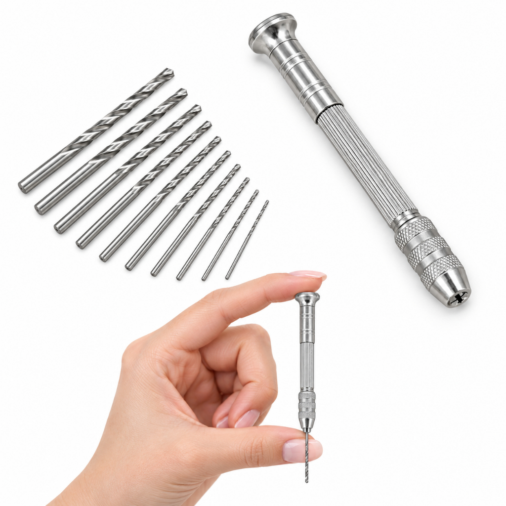 Mini Furadeira Manual com 10 Brocas para Pequenos Furos em Resina, MDF e Peças de Artesanato