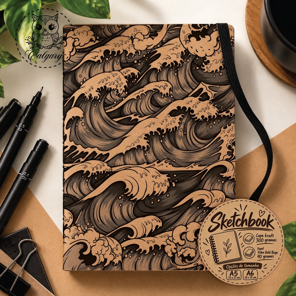 Caderno Sketchbook | Ondas PB, coleção One capa kraft em Off-Set e Polen Bold.