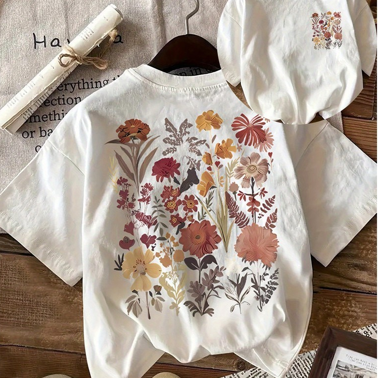 Camiseta Feminina Estampada - Floral Verão/ Primavera - Estilo Streetwear Casual Confortável - 100% Algodão Envio Rápido