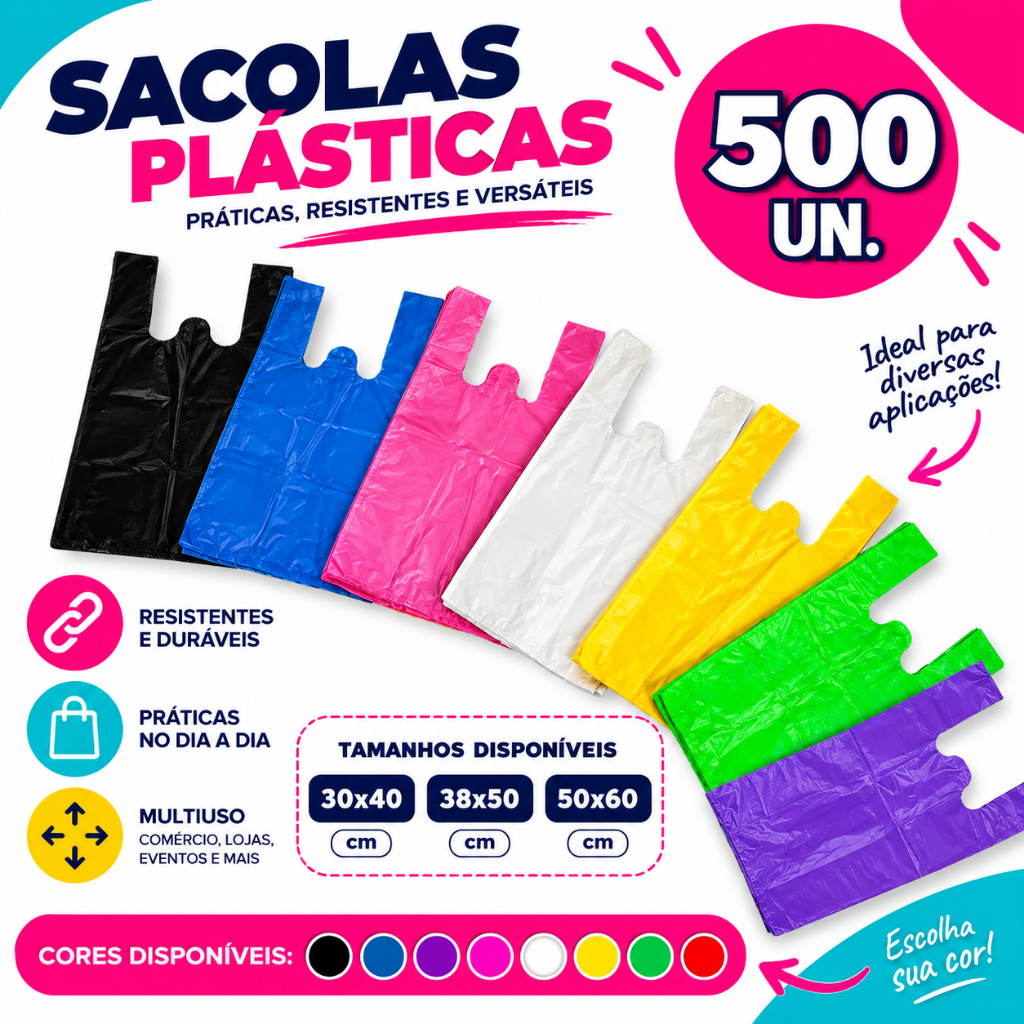 500 Sacolas Plásticas Reforçadas 30x40/38x50/50x60 (P, M e G) - Sacolinhas para Lojas, supermercados, comércio em geral